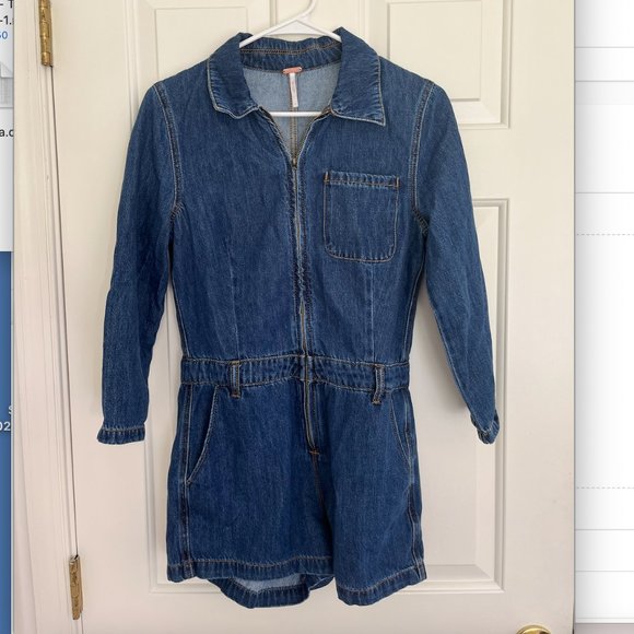 Free People Zip Up Long Sleeve Denim Short Romper - Picture 1 of 2